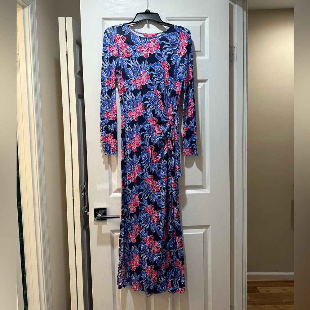 Lilly Pulitzer Red white and Navy Long Sleeve Gown with gold buttons